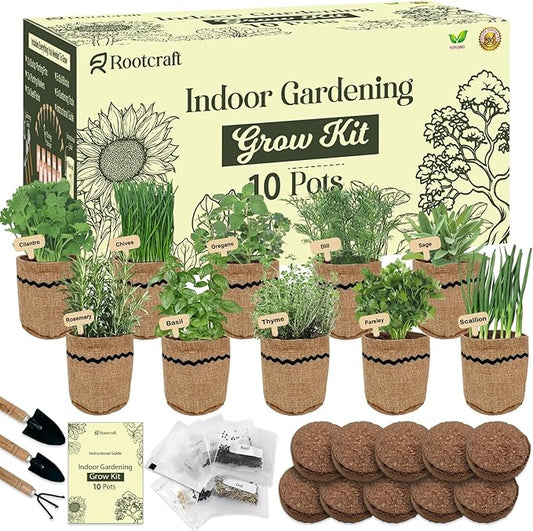 10 Herb Garden Planter Indoor Kit, 44pcs Complete Kitchen Herb Starter Set Including Burlap Pots, Markers, Soil Discs, Gardening Tools, Unique Easter/Birthday/Christmas Gift Ideas for Women, Mom