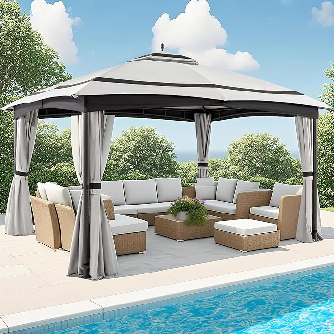 11x13 Gazebo for Patio, Gazebo with Curtains& Sandbags, Double Tier Roof Marquee Canopy for Garden, Deck, Backyard, Lawn (Grey)-Netting not Included