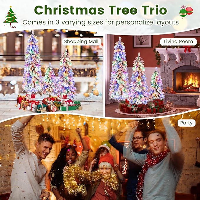 GOFLAME Set of 3 Pre-lit Pencil Christmas Tree, Snow Flocked Artificial Xmas Trees 3Ft, 4Ft and 5Ft with Multi-Colored LED Lights, Slim Christmas Tree, Holiday Decoration Tree with Metal Base