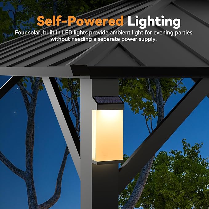 Modern Shade Hardtop Gazebo 10' x 10', Permanent Metal Gazebo with 4 LED Lights, Outdoor Pavilion with Galvanized Steel Roof & Frame Patio Pavilion for Backyard, Deck, Garden, Lawn