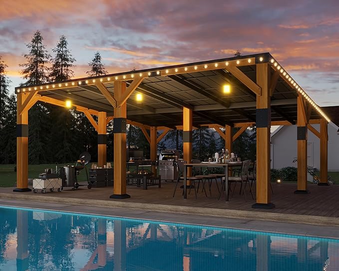 Jocisland 20x20x9.2 FT Cedar Wood Carport for 2 Cars, Heavy Duty Canopy Carport with Sloped Galvanized Steel Roof for All Weather, Permanent Shelter for Boats, Full-Sized Pickup Trucks & Tractors