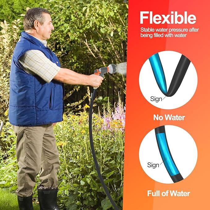 SPECILITE Garden Water Hose 25 ft x 3/4 in Heavy Duty, Flexible and Lightweight, Burst 600 psi, Kink-less Hybrid Rubber Pipe for Backyard, 3/4'' Brass Fittings, Black