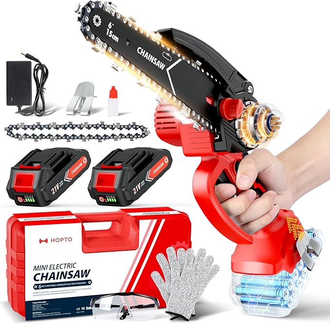 Chainsaw 6-Inch 2 Pack 2000mAh Battery Hand Mini Chain Saw Birthday Christmas Gifts for Men Portable Cordless for Wood Cutting Tree Trimming Projects Gardening Tools (Red)
