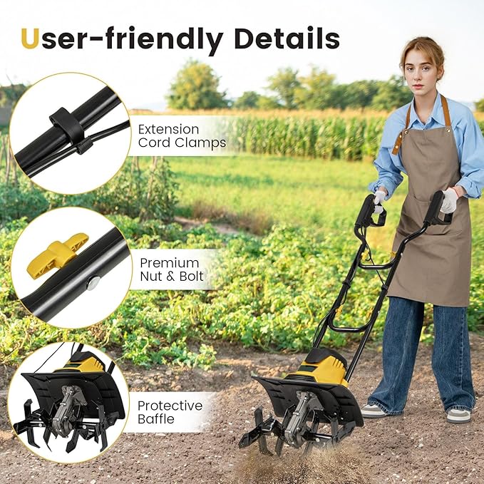 Goplus Corded Electric Tiller Cultivator, 10 Amp Powerful Foldable Garden Rototiller w/ 14 Inch Tilling Width & 9 Inch Working Depth, Safety Lock, Gardening Machine for Lawn Soil Digging