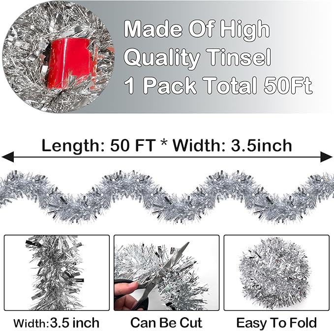 LEASEN 50 Feet Silver Metallic Twist Shiny Christmas Tinsel Garland Decorations for Xmas Tree, Stairs, Fireplace & More