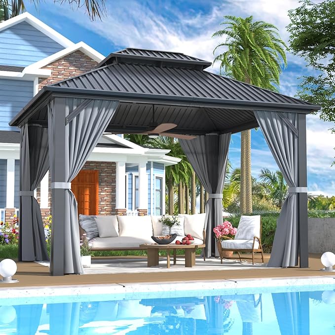 10x12 FT Gazebo Hardtop Gazebo, Aluminum Pergola with Double Galvanized Steel Roof, Curtains and Netting Included, Outdoor Gazebos Canopy for Patio, Backyard, Deck, Lawn,Grey