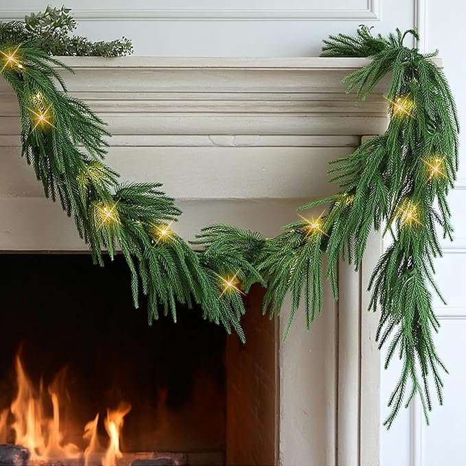 TW SHINE 9FT Pre-Lit Christmas Garland with Lights, 50 LED Lighted Artificial Norfolk Pine Garlands, Christmas Decorations for Indoor Outdoor Mantle Stairs Fireplace Decor, Warm White
