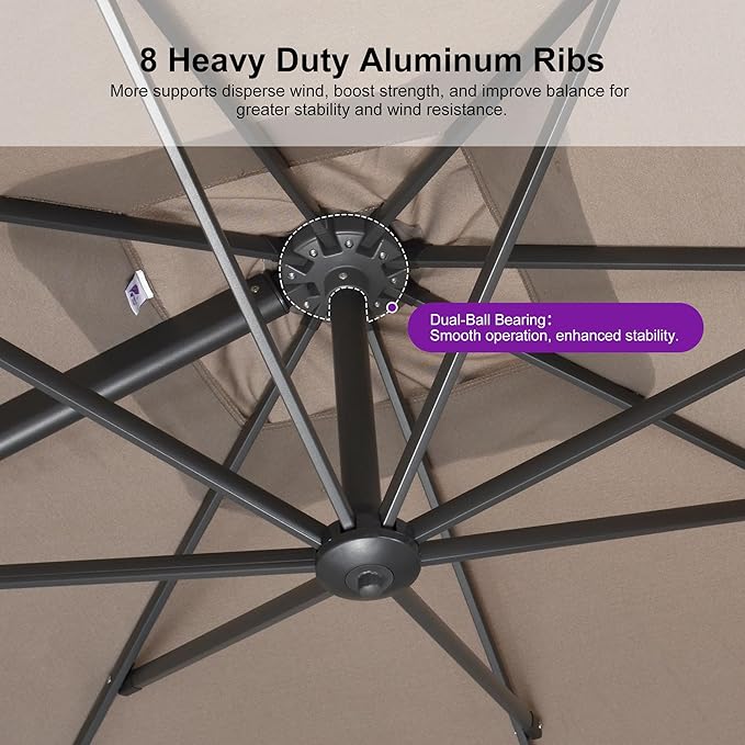 PURPLE LEAF 9 FT Cantilever Patio Umbrella Outdoor Aluminum Offset Square Umbrella with 3 Years Fade Resistance Recycled Fabric and 360-degree Rotation for Deck Pool Garden, Ash Mocha