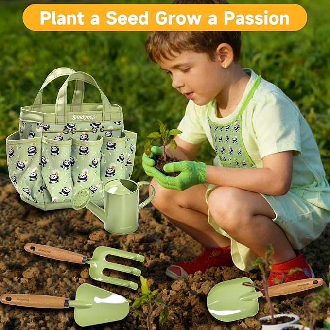Kids Gardening Tool Set Toys - 8 Pieces Quality Garden Kit for Toddlers & Kids with Shovels, Rake, Watering Can, Hat, Apron, Gloves & Storage Bag (B-Green)