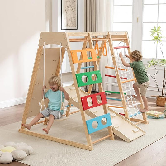 9-in-1 Indoor & Outdoor Wooden Playset for Kids, All-in-One Backyard Playground with Slide, Monkey Bars, Swing, Rock Wall, Climbing Net, Rings & Ladder – Sturdy Adventure Set for Skill Development