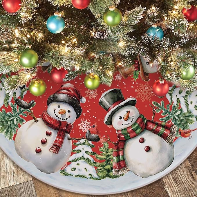 48 Inch Snowman Christmas Tree Skirt – Xmas Tree Mat for 6 to 7.5 Ft Trees, Durable & Soft Christmas Decorations for Home, Living Room, Party, Winter Holiday Decor