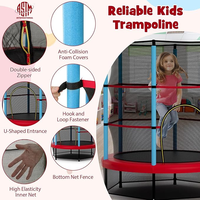 Goplus 55¡± Trampoline for Kids, ASTM Approved Toddler Trampoline w/Enclosure Safety Net, Bouncy Jumping Mat, Seamless Design, Indoor Outdoor Mini Recreational Rebounder for Boys Girls