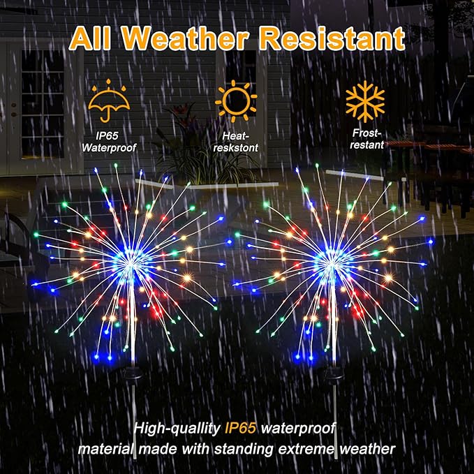 Solar Garden Firework Lights Outdoor Waterproof, 2 Pack Solar Lighting with 8 Lighting Modes , 120 LED Sparklers String Lights for Outside Decor Yard Pathway Halloween Decorations(Colorful)