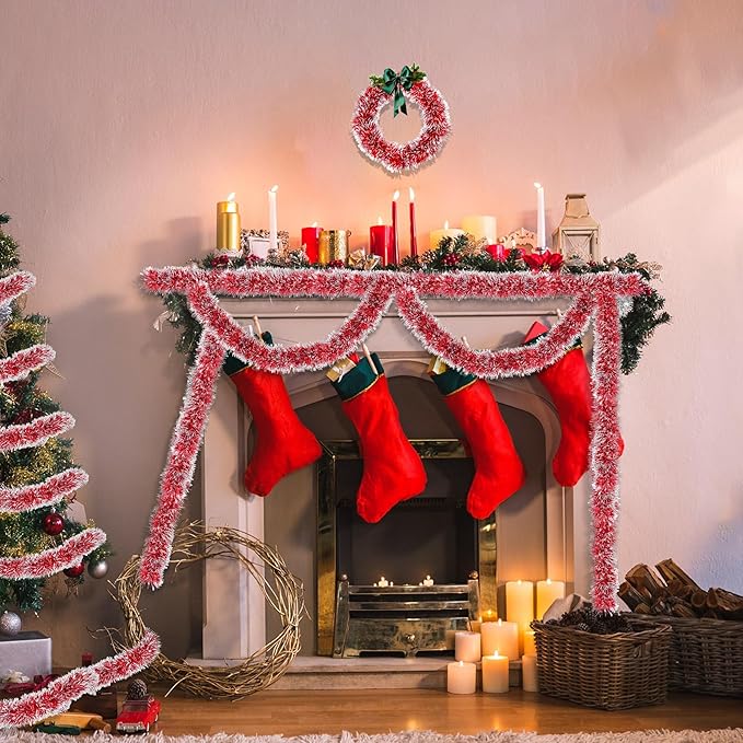 50FT Red Christmas Tinsel Garland Metallic Twist Shiny Christmas Tree Decorations, Xmas Holiday Hanging Garland for Home Mantle Stair Indoor Outdoor Holiday Decor Party Supplies - Red White