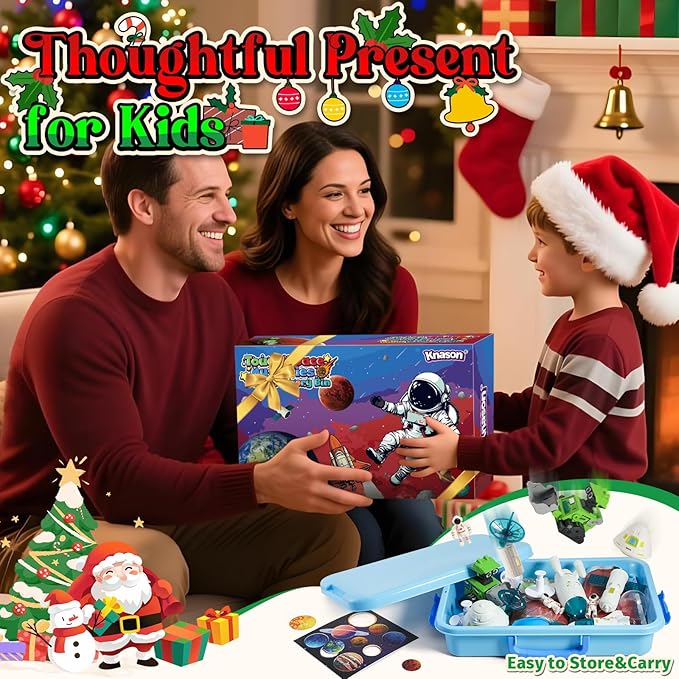 KNASON Outer Space Sensory Bin,Play Sand Kit for Boys with 2.2lbs Sand,Glow in The Dark Alien and Gems,Space Science Kits Sandbox Toys Preschool Toddler Activities Christmas Gift for Kids Ages 3-8