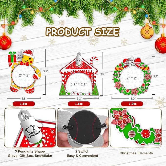 MGparty 3 Pack Christmas Picture Frame Ornaments Xmas Metal Hanging Photo Frame with Pendants 2025 Holiday Keepsake Gifts Christmas Tree Decorations