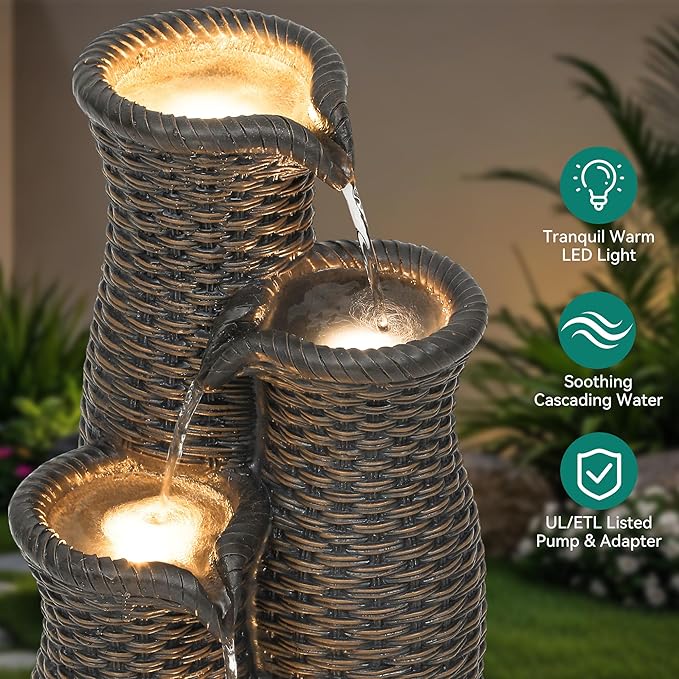 Autodaya 5-Tier Faux Rattan Vase Water Fountain Outdoor with LED Lights, Polyresin Cascading Waterfall Feature, Tranquil Oasis for Garden, Patio, Yard, or Porch