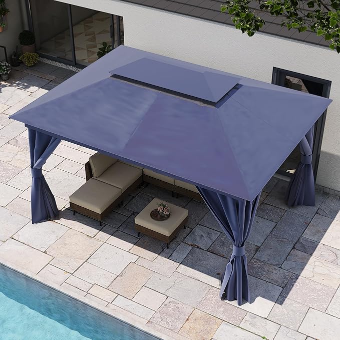 LAUSAINT HOME Semi-permanent Patio Gazebo 10'x13' with Expansion Bolts, Outdoor Heavy Duty Shelter Party Tent with Double Roofs, Mosquito Nets and Privacy Screens for Backyard, Garden, Lawn, Navy Blue