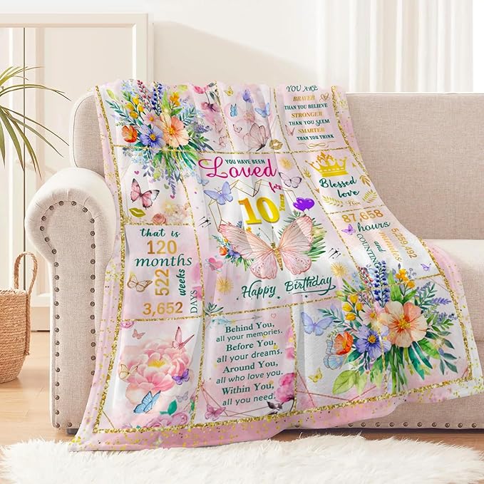 10th Birthday Gifts for Girls, Birthday Gift for 10 Year Old Girl, Super Soft Unique Funny Pink Butterfly Flower Blanket for Girls, Gifts for 10 Year Old Girl, Warm Cozy Plush Fuzzy Blanket 50"x40"