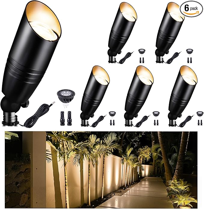 Low Voltage Spotlight, Black LED Landscape Lighting Tree Light, Outdoor 12V Waterproof Aluminum Uplight for Tree Yard Garden with 5W MR16 Bulb 2700K 6 Pack