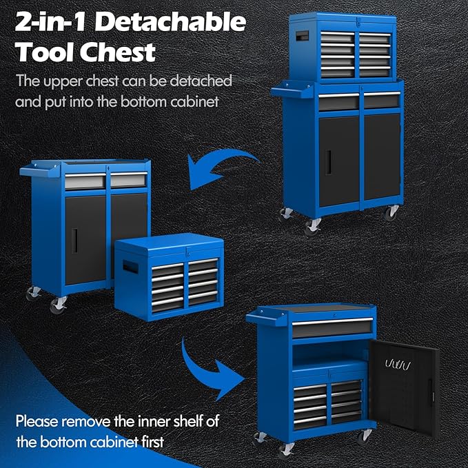 DORTALA Rolling Tool Chest Cabinet, Tool Box Organizer with 5 Sliding Drawers, Locking System, Toolbox Storage Cabinet on Wheels for Garage Workshop, Blue & Black