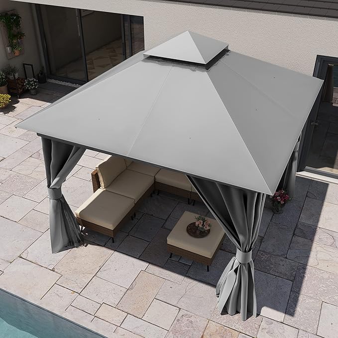 LAUSAINT HOME Semi-Permanent Patio Gazebo 10'x10' with Expansion Bolts, Outdoor Heavy Duty Party Tent with Double Roof, Mosquito Nettings and Privacy Screens for Backyard, Garden, Lawn, Smoke Grey