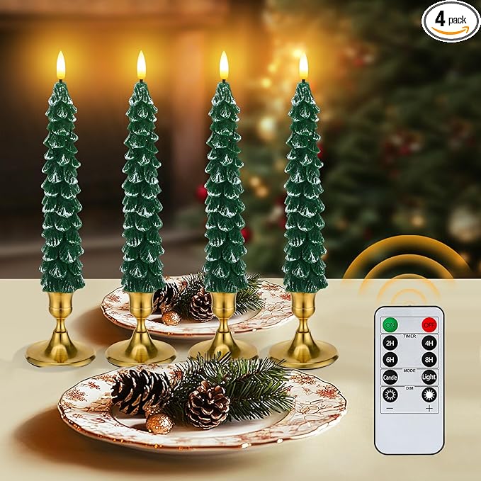 4 Pack Christmas Tree Candles - Real Wax Flameless Taper Candles, 9.7in Green Candlesticks for Christmas Home Table Fireplace Decorations Party Supplies