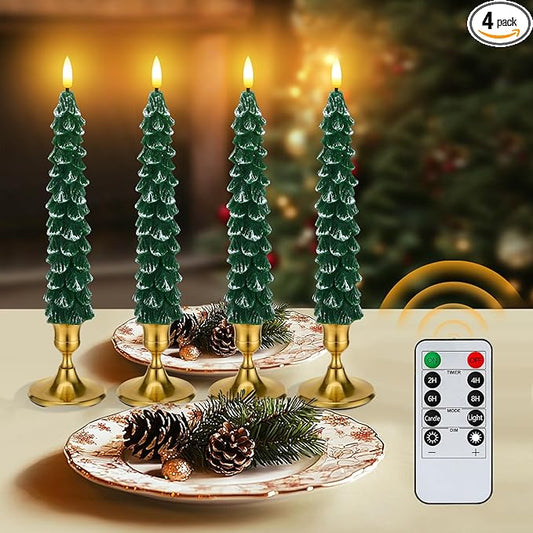 4 Pack Christmas Tree Candles - Real Wax Flameless Taper Candles, 9.7in Green Candlesticks for Christmas Home Table Fireplace Decorations Party Supplies