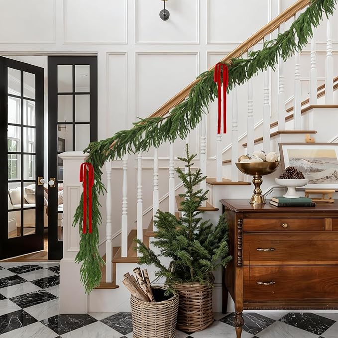 2 Pcs 6 Ft Artificial Norfolk Pine Garlands, Real Touch Christmas Pine Garland, Green Artificial Greenery Garland for Table, Mantle, Wall, Indoor, Outdoor Christmas Decorations