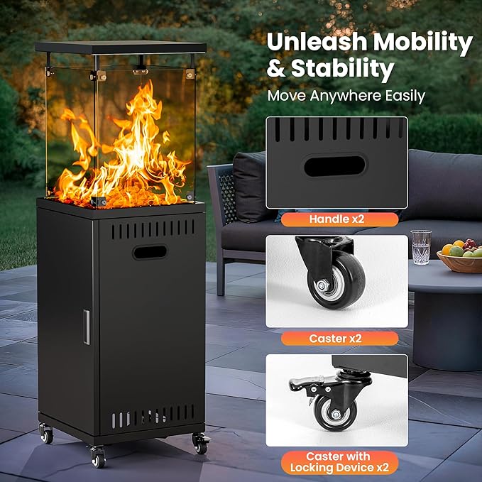 41,000 BTU Patio Heater,Propane Outdoor Heater With Cover,CSA Certificated, Lockable Wheels,Tempered Glass, Patio,Backyard,Balcony,Poolside, Inky
