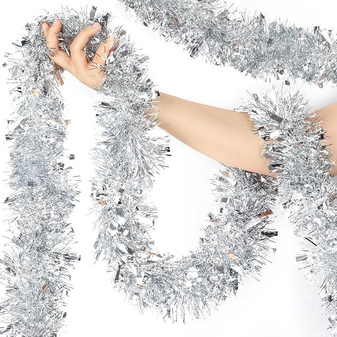 LEASEN 50 Feet Silver Metallic Twist Shiny Christmas Tinsel Garland Decorations for Xmas Tree, Stairs, Fireplace & More
