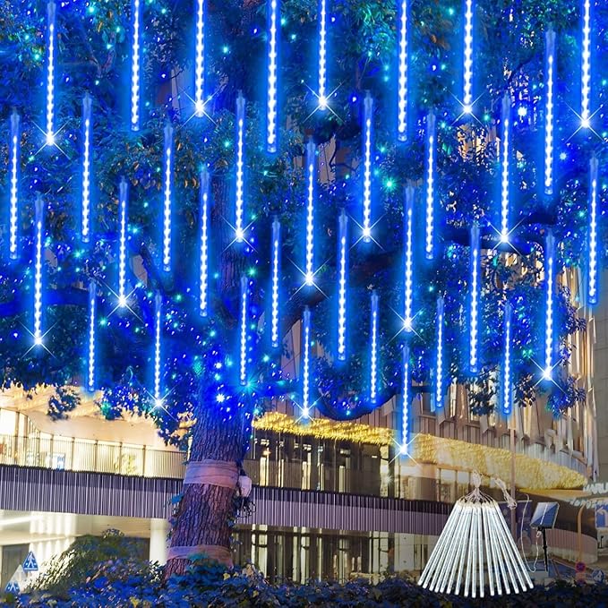 Solar Meteor Shower Lights Outdoor Waterproof, Christmas Lights Solar Powered Decorations, 16 Tubes 384LED Icicle String Light, Falling Raindrop Light for Christmas Xmas Tree Party Garden Decor(Blue)