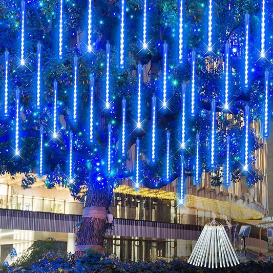 Solar Meteor Shower Lights Outdoor Waterproof, Christmas Lights Solar Powered Decorations, 16 Tubes 384LED Icicle String Light, Falling Raindrop Light for Christmas Xmas Tree Party Garden Decor(Blue)