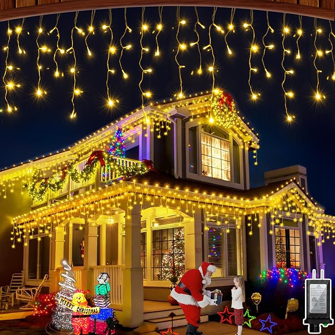 60FT 612 LED Outdoor Christmas Lights - 136 Ice Drops, 12 Pro Modes with Timer Memory & Brightness, Waterproof Hanging Ice String Light for Holiday Wedding Garden Fence House Decor (Warm White)