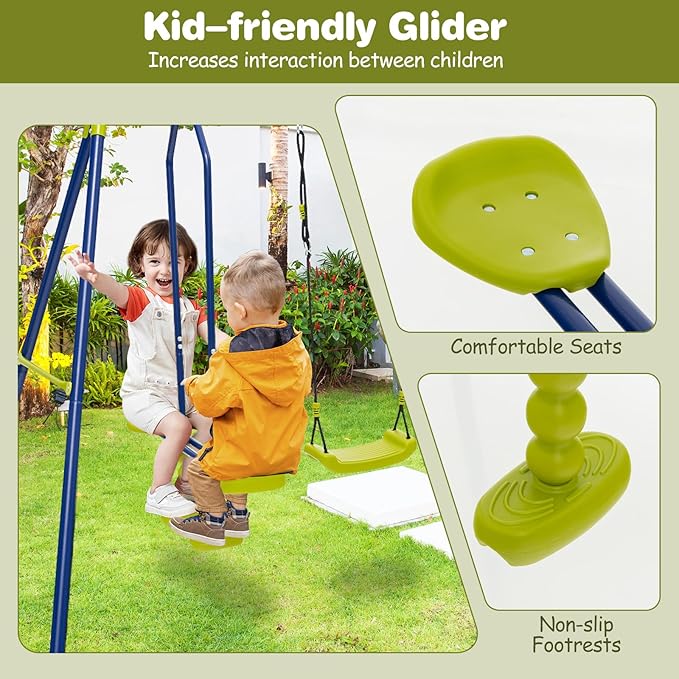 Costzon Swing Sets for Backyard, 6 in 1 Heavy-Duty Metal Swing Set with 2 Swings, Glider, Basketball Hoop, Climbing Ladder and Net, Playground Sets for Backyards, Outdoor Playset for Kids 3+ (Green)