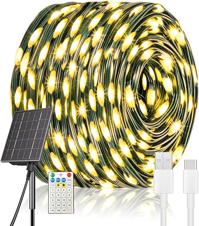 Upgrade 4 Pack Solar Christmas Lights Outdoor Waterproof, Warm White 640 LED Solar Fairy Lights, 8 Modes Solar String Lights for Outside Christmas Decorations Patio Yard Tree Garden