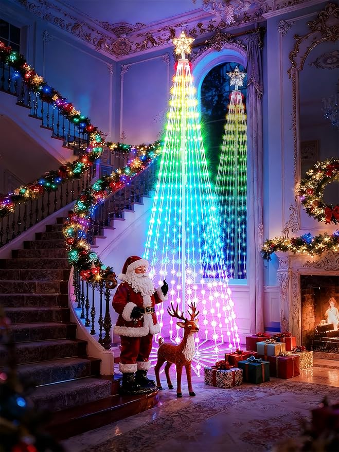 Flacchi Smart Christmas Cone Tree Lights - Star Tree Topper with Removable Bracket, App Control, Sync with Music, Waterfall Colored Lights for Indoor Outdoor Xmas Decorations (9.8FT/ Rope Lights)