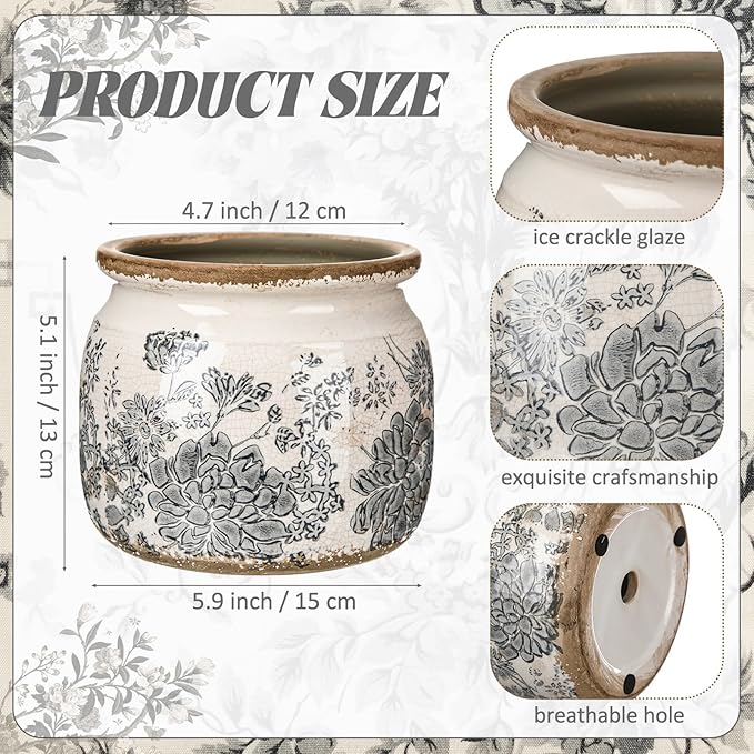 1 Pcs Vintage Planter Large Ceramic Plants Pot Grey Flower Crack Cottage Scroll Vase Flower Vase Pot Indoor Plants Home Kitchen Decor Farmhouse Antique Decorative Gift