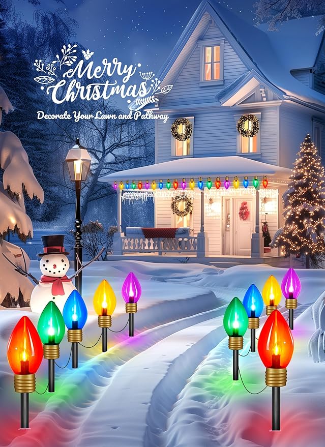 Christmas Lights Jumbo C9 Outdoor Lawn Decorations with Pathway Marker Stakes, 4 Pack 10.5 Feet String Lights Covered Jumbo Multicolored Light Bulb for Holiday Outside Yard Garden Decor, 20 Lights