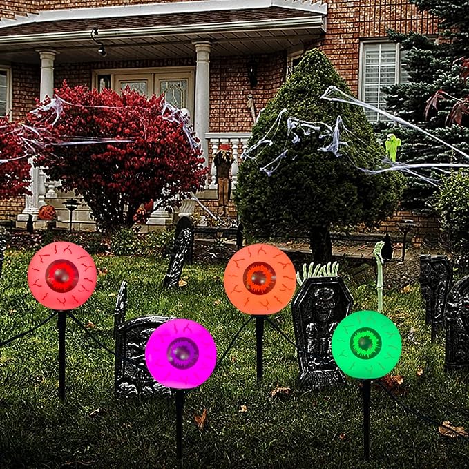 GOOTHY Outdoor Halloween Decorations Pathway Lights, 7Ft Halloween Eyeballs Pathway Markers String Light Waterproof with 4 LED Scary Eyeballs Stakes Lights for Outdoor Walkway Yard Lawn Garden