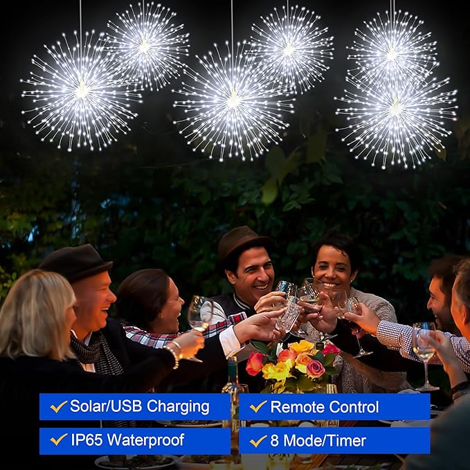 Solar Christmas Firework Lights Outdoor, 5 Pack 1000LED Solar Starburst Lights with Remote, 8 Modes Dimmable Waterproof Hanging Fairy Lights for Garden, Patio, Holiday Christmas Decor (White)