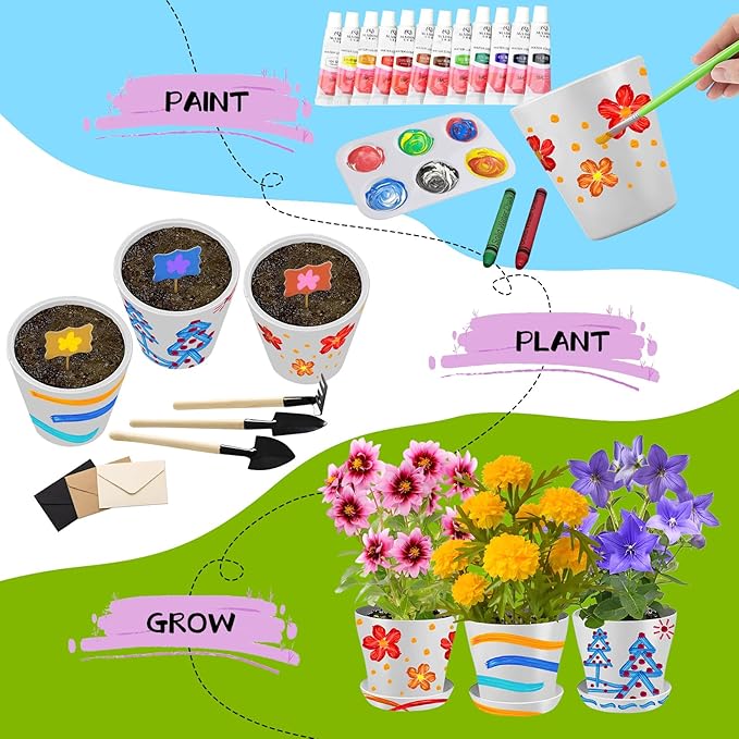 Paint & Plant Children’s Gardening Kit for Girls Boys Toys Garden Flower Gardening Gift for Kids Flower Pots Seeds Art Craft Grow Garden Planting Set for Kids Age 4 5 6 7 8 9 10 11 12 13 14 Years Old