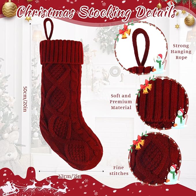 6 Pack Christmas Stockings 18 Inch Cable Knit Stockings with Personalized Snowman Name Tags, Red and White Large Xmas Hanging Stockings with Velvet Bows for Fireplace Mantel Holiday Family Decor