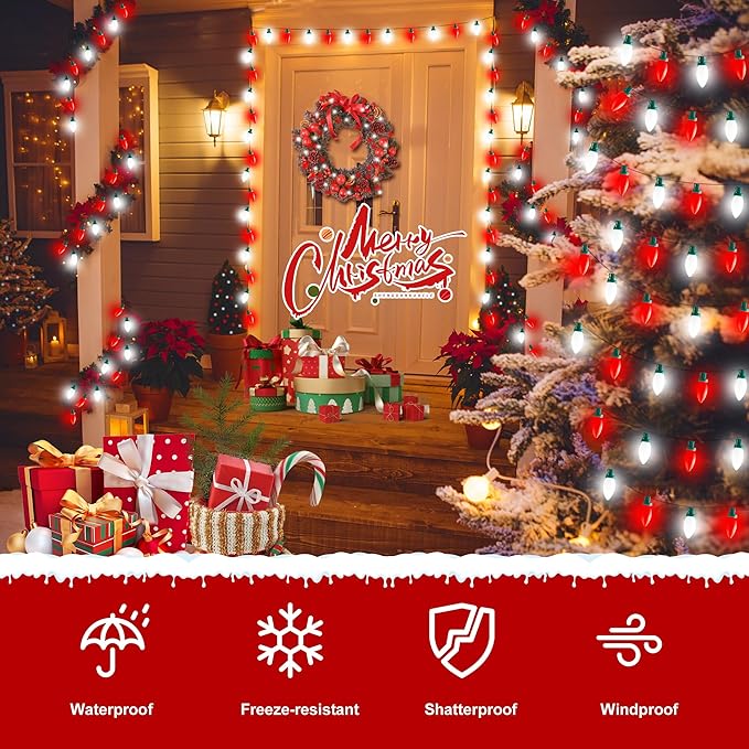 HAYATA C9 Bulbs Classic Christmas Lights - 50 LED 32ft Strawberry String Light Red&White - Extendable 8 Modes Funtion with Timer Fairy Lighting for Outdoor, Indoor, Party, Home, Tree Decorations