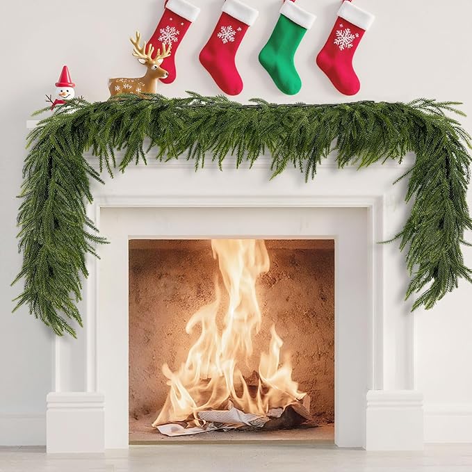 9 FT Christmas Norfolk Pine Garlands, Artificial Real Touch Winter Pine Garland, Green Realistic Greenery Garland for Holiday, Window, Fireplace, Mantle, Indoor Outdoor, Christmas Decor (1 Pcs)