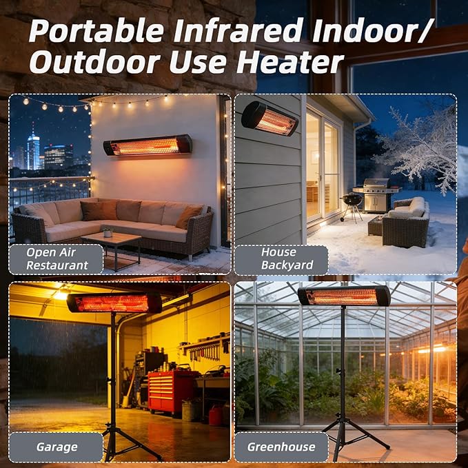 Electric Outdoor Patio Heater with Tripod, 1500W Infrared Heater Remote, 12H Timer, IPX6 Waterproof, 3 Heat Levels, Portable Electric Space Heater for Garage Backyard Indoor Use