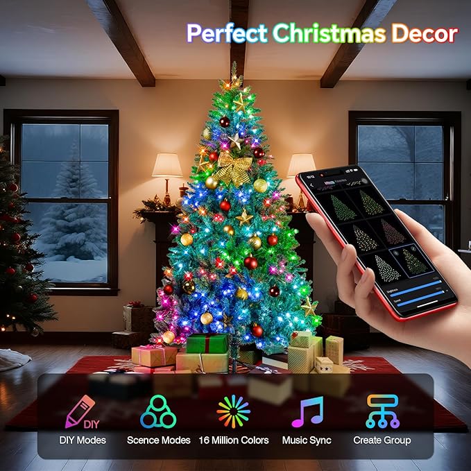 7.5FT Pre-lit Christmas Tree, RGB Color Changing Smart Artificial Christmas Tree with Lights, 1477 PVC Branch Tips, App&Remote Control, Light up Christmas Tree for Indoor Outdoor Decoration