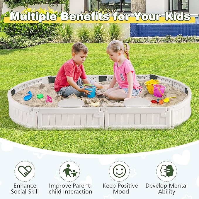 Costzon Kids Sandbox with Cover, Detachable Built-in Seating, Bottom Liner, Weather Resistant Outdoor Sandbox Kit, Child Outdoor Sand Pit for Backyard Lawn Garden Beach (Elliptical, White)
