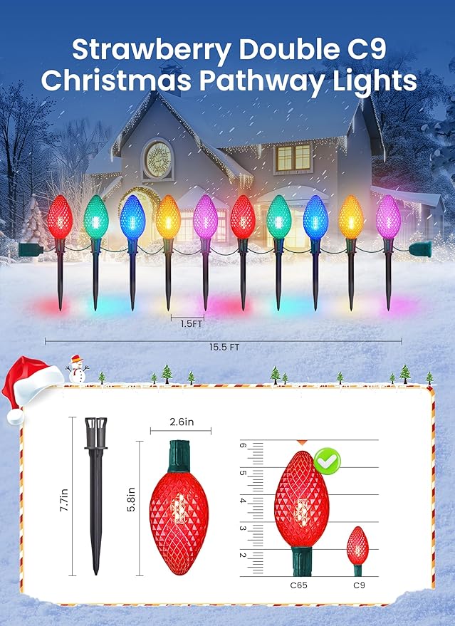 Minetom Double C9 Christmas Pathway Lights Outdoor - 13.5Ft 10 LED with 10 Marker Stakes for Walkway, Waterproof Plug in C9 Strawberry Christmas Lights for Driveway Lawn Decorations