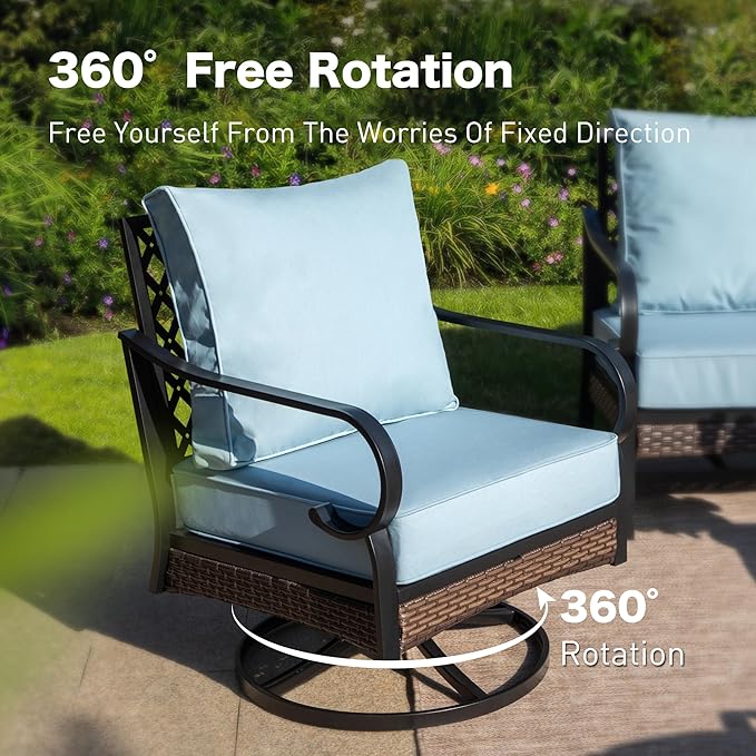 6 Piece Black Metal Outdoor Patio Furniture Sets with Firepit Table, Patio Conversation Sets 1 3-Seater Sofa, 2 Leg Chair and 2 Swivel Chair with 5.75" Cushion for Backyard Deck, Blue